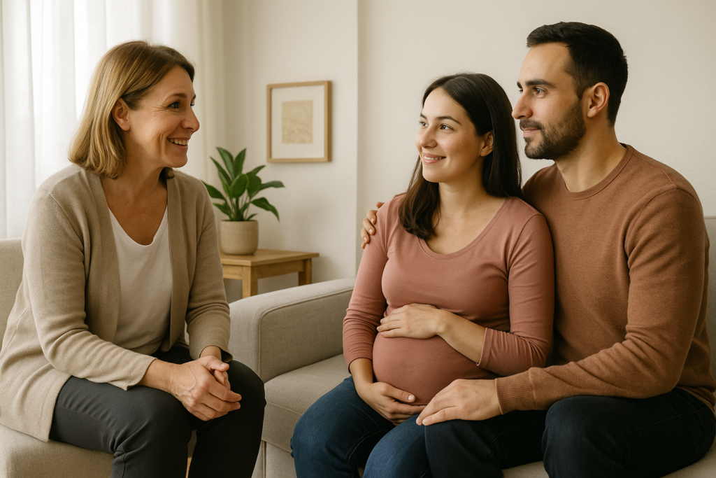 Parents talking with JD during a birth preparation class